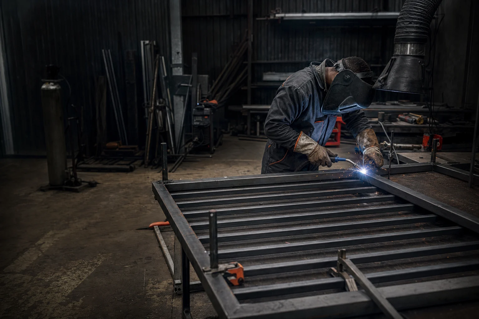 A welder fabricating a steel gate frame in a workshop