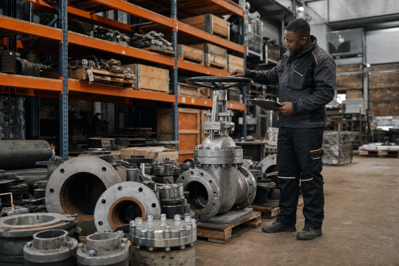 An industrial specialist inspecting a large metal valve