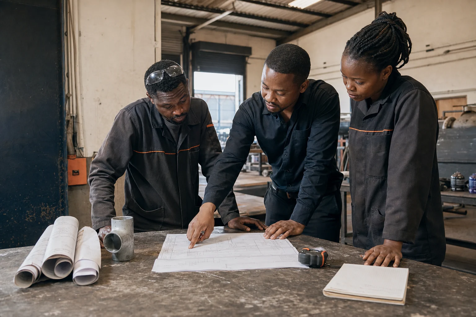 A project team reviewing technical plans in a fabrication workshop